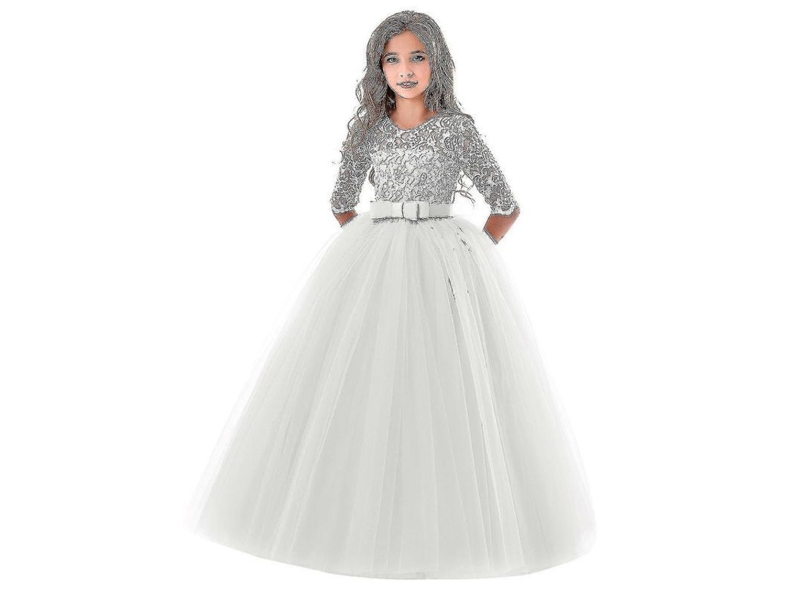 Vestido De Fiesta Para Niñas Princesa Longo Con Encaje Formal Vestido De Novia Menor Talla 4-14 Años Blanco 14 378 White