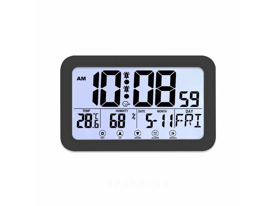 Reloj digital con formato de 12/24 horas, alarma con función de repetición y visualización de temperatura y humedad.