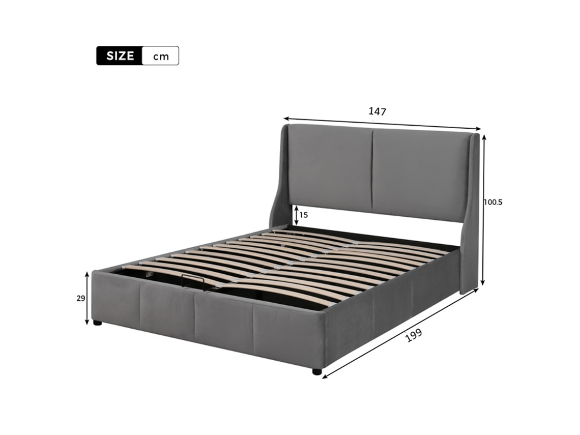 Cama con canapé tapizada en terciopelo de 140 x 190 cm - Cama con canapé y somier de láminas - Gris