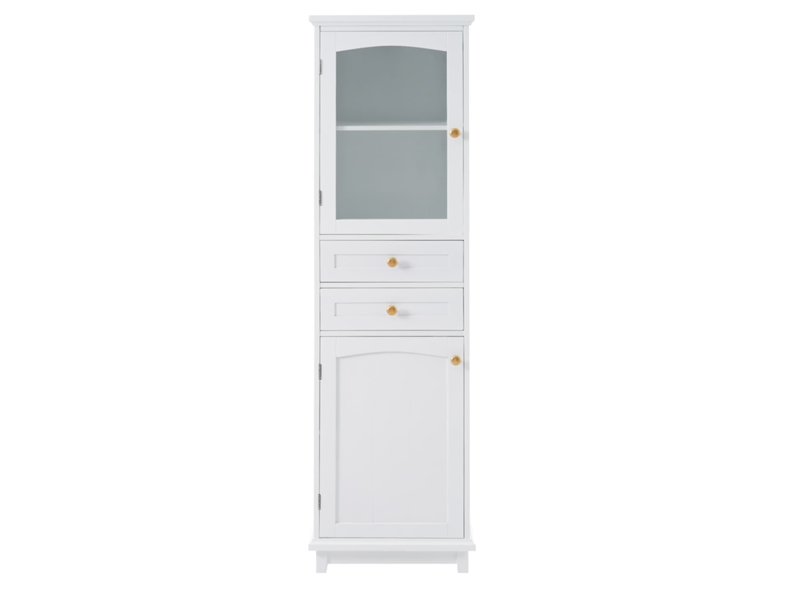 Mueble de baño 45x36x160 cm - Puertas de cristal, 2 armarios, 2 cajones, tiradores dorados - Blanco