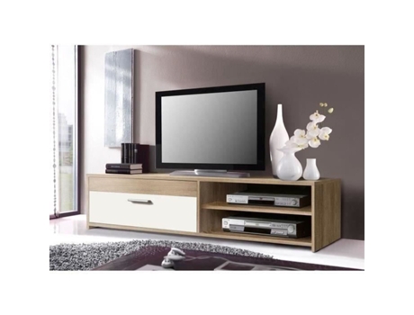 Mueble TV de melamina de partículas - roble y blanco - 1 solapa + 2 nichos - 120 x 42 x 32 cm AUCUNE