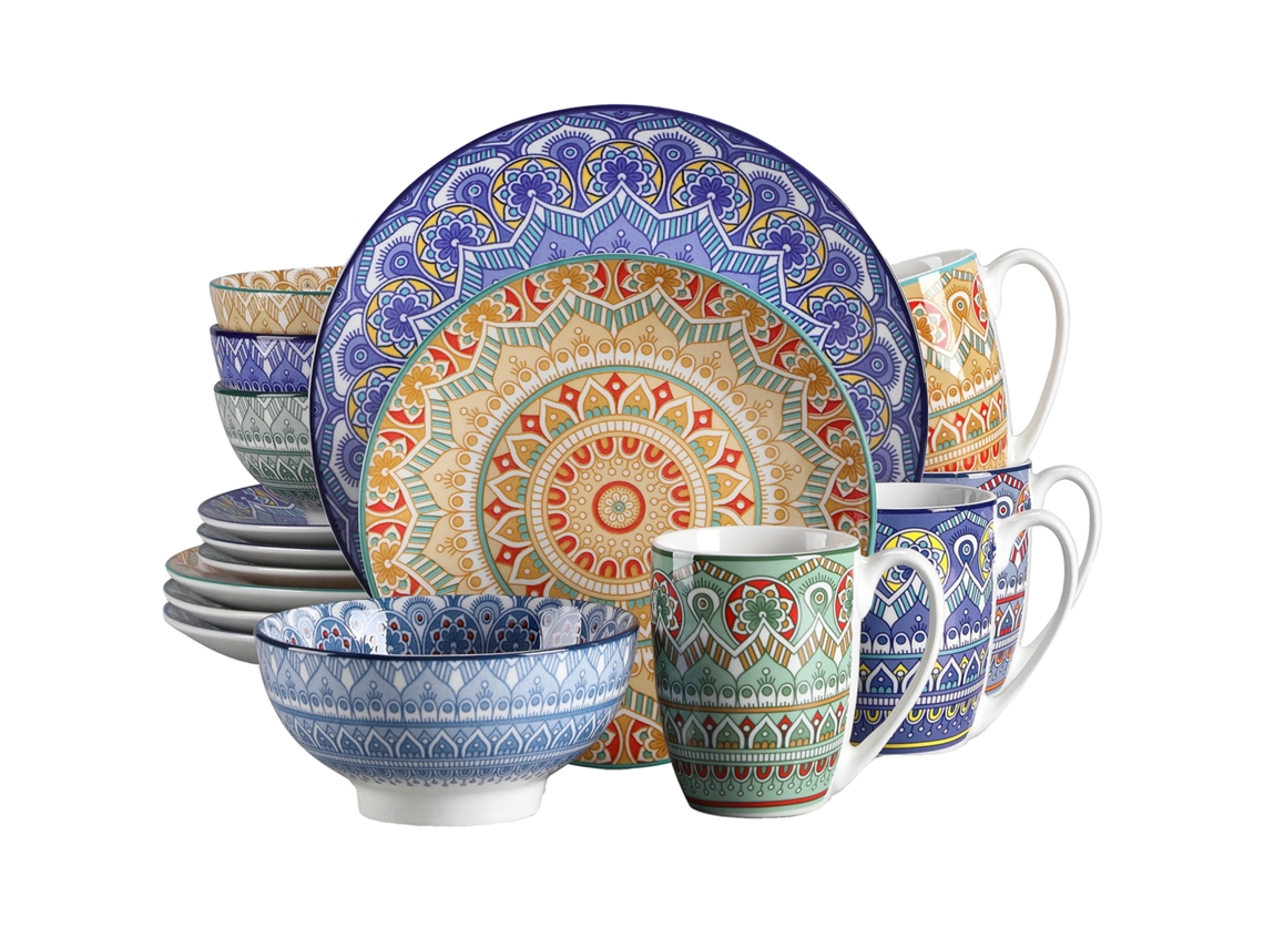 Vajilla de cerámica con diseño de mandala bohemio, disponible en varios colores y azul, 16 piezas.
