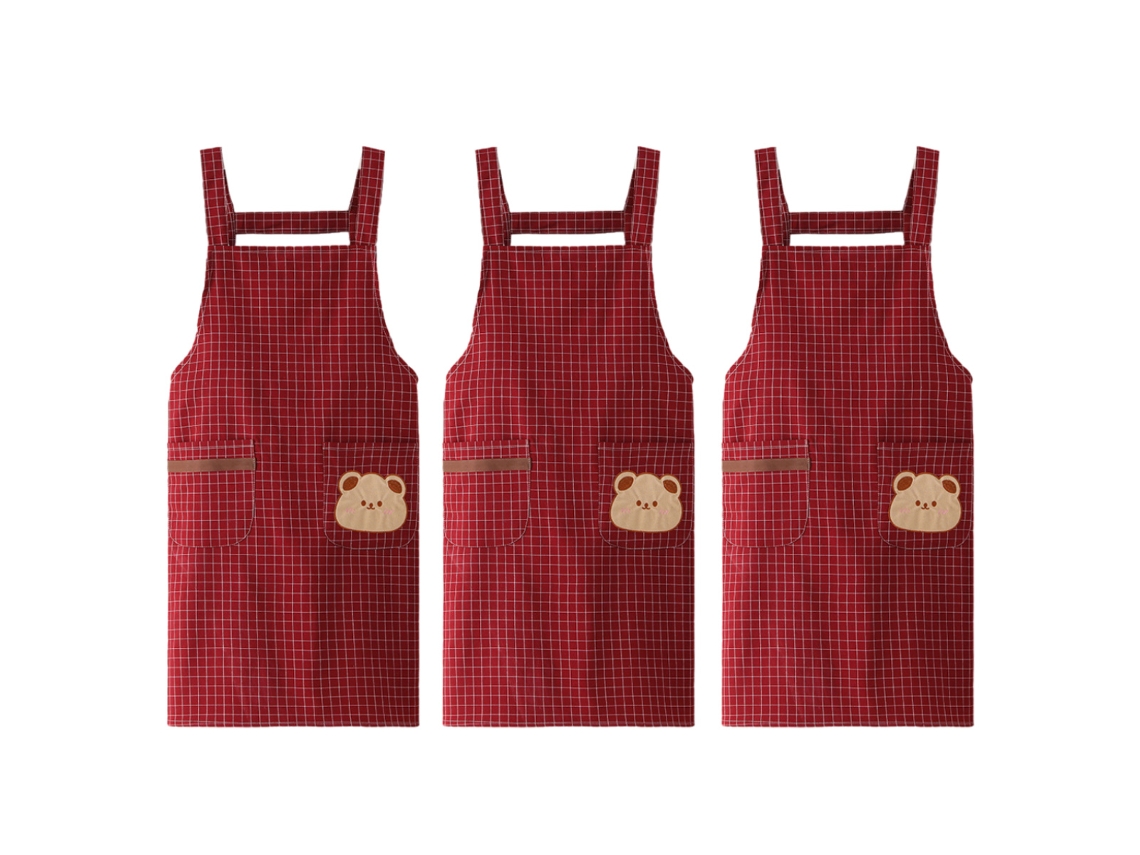 3 piezas de delantal de lona de poliéster y algodón, tela de algodón para mujer, cocina doméstica, moda coreana, lindo trabajo de restaurante, cintura estilo correa roja
