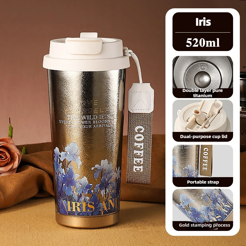 (Estampado floral, 520 ml) Taza con aislamiento al vacío y tapa a prueba de fugas: ideal para el café.