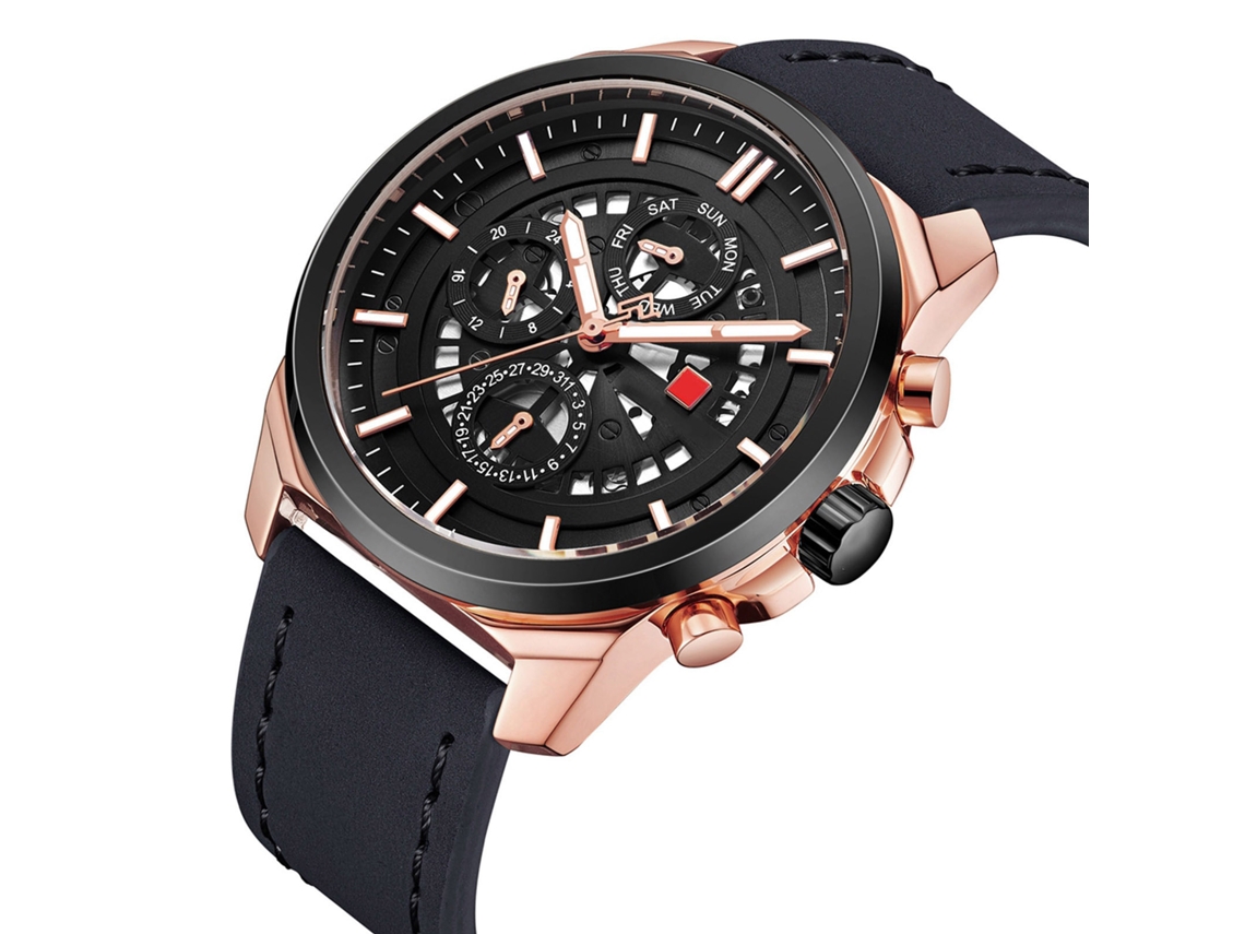 Reloj De Cuarzo Para Hombre Con Correa De Cuero Naviforce, Esfera De Tres Ojos, Oro Rosa Y Negro.