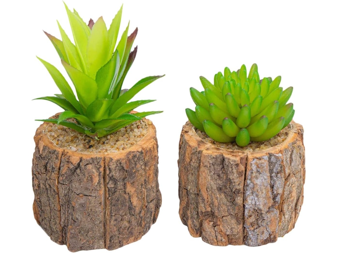 Juego De 2 Mini Bonsáis Artificiales En Macetas Con Base De Madera Natural, Plantas Suculentas Artificiales