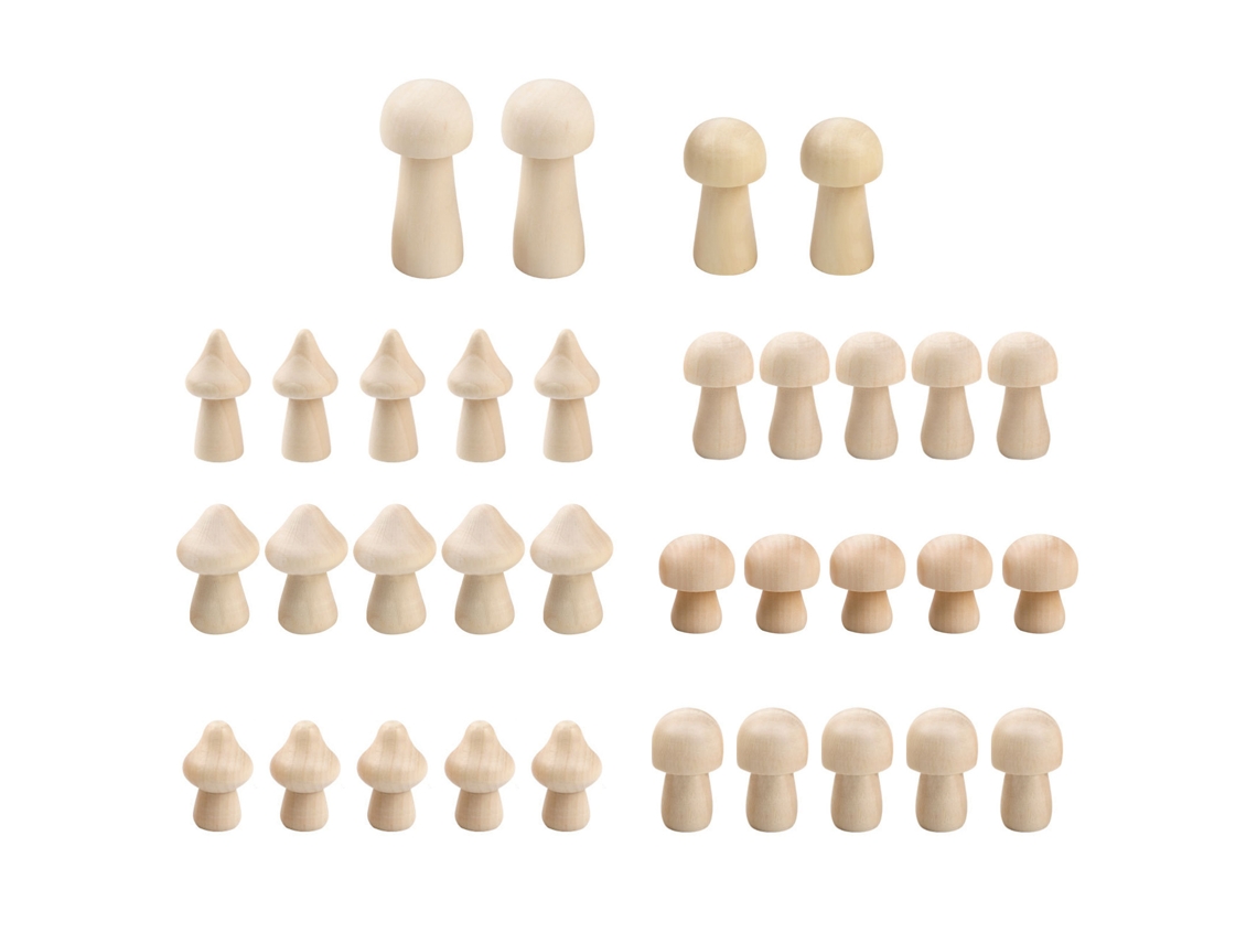 34 piezas/caja de minihongos de madera para manualidades, sin pintar