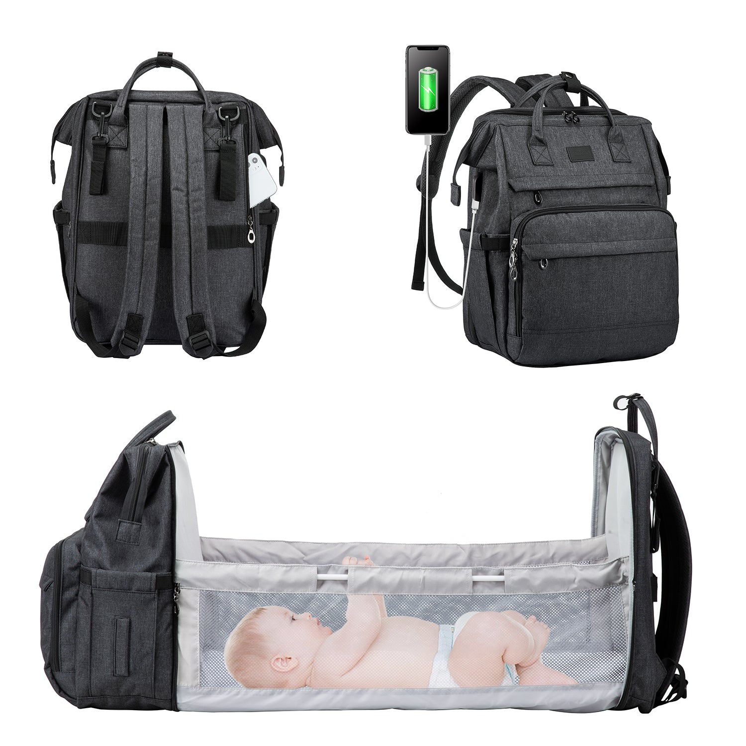 Bolso Cambiador para Bebé VERY LUCKY con Cuna Extensible de Maternidad (Gris  - Gancho para Carro de Bebe, Bolsa Isotermica para Biberones e USB)