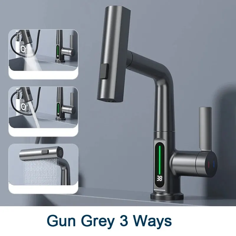 Grifo De Lavabo De Baño (gris Plomo) Con Pantalla Digital De Temperatura Y Mezclador De Agua Fría Y Caliente.