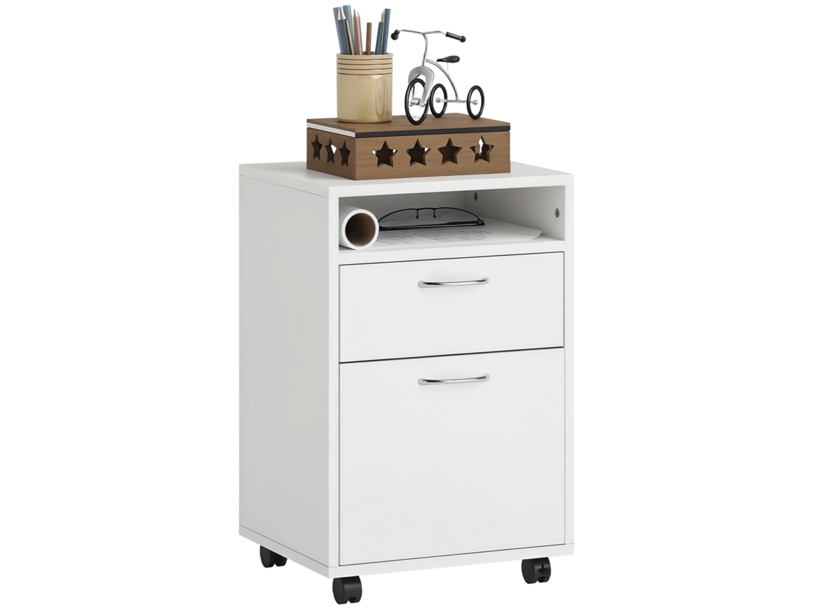 Muebles de oficina Homcom con ruedas, cajones, armarios, nichos, tablero de partículas, color blanco.