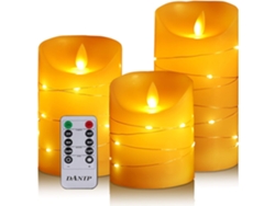 Vela LED sin llama con cadena de luces integrada, de 3 partes, con control remoto, llama danzante, cera real, funciona con pilas. Neveance