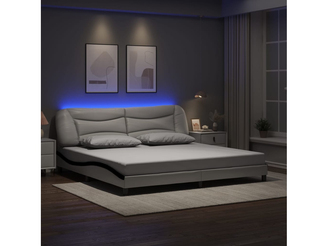 Estructura Cama Con Led Cuero Sintético Blanco Negro 200x200 Cm