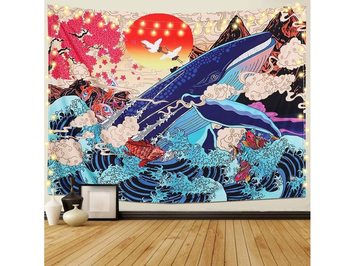 Tapiz De Pared Ukiyo-e Japonés Olas Marinas Koi Ballena Paisaje Atardecer Decoración Grande 148x200cm