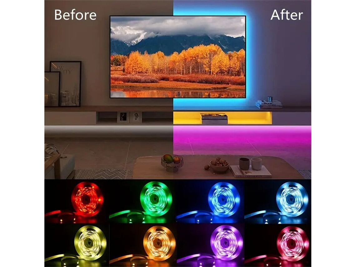 Tira LED RGB Bluetooth Elfeland de 5 m, iluminación ambiental inteligente para interiores, enchufe europeo de 24 V con control remoto de 44 teclas para TV, pared y sala de ordenadores.