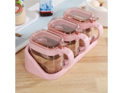 2026da-set De 3 Frascos De Especias De Vidrio Transparente Con Tapa, Cuchara Y Base Rosa Para Cocina