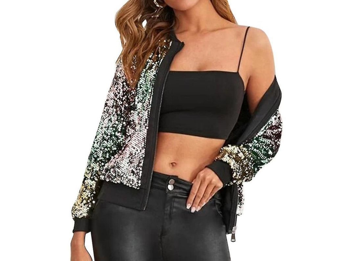 Chaqueta corta de mujer estilo Rebe con botones de lentejuelas, cuello estilo béisbol, transpirable, moderna, talla XL, verde.
