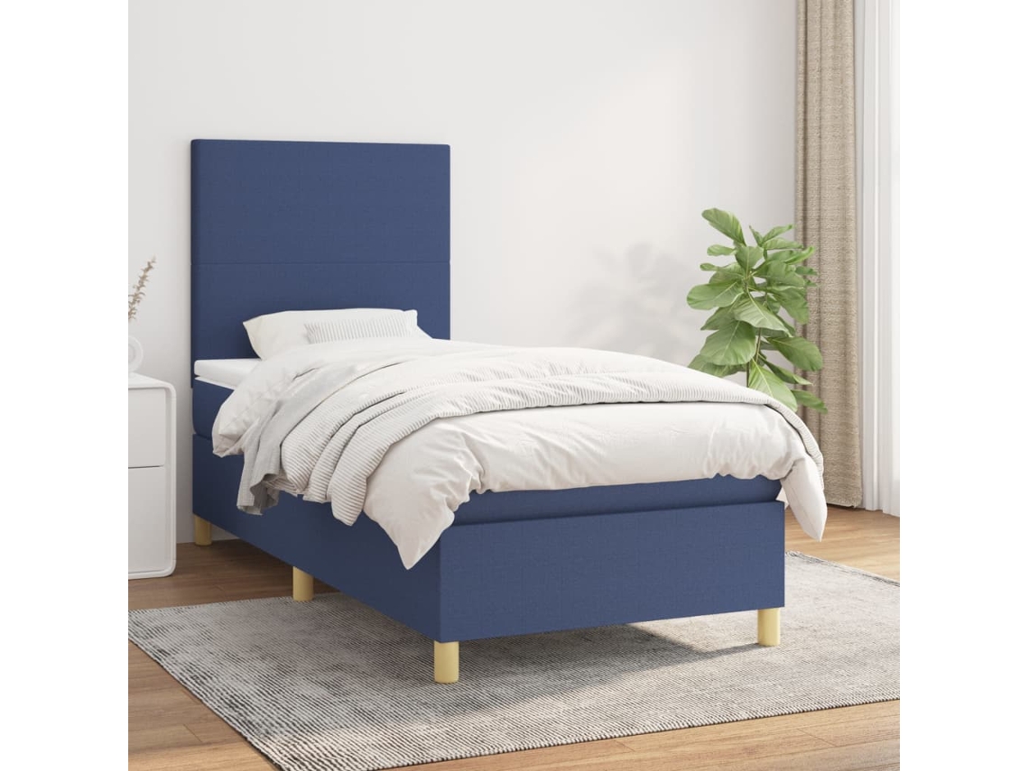 Cama Box Spring Con Colchón Tela Azul 90x190 Cm