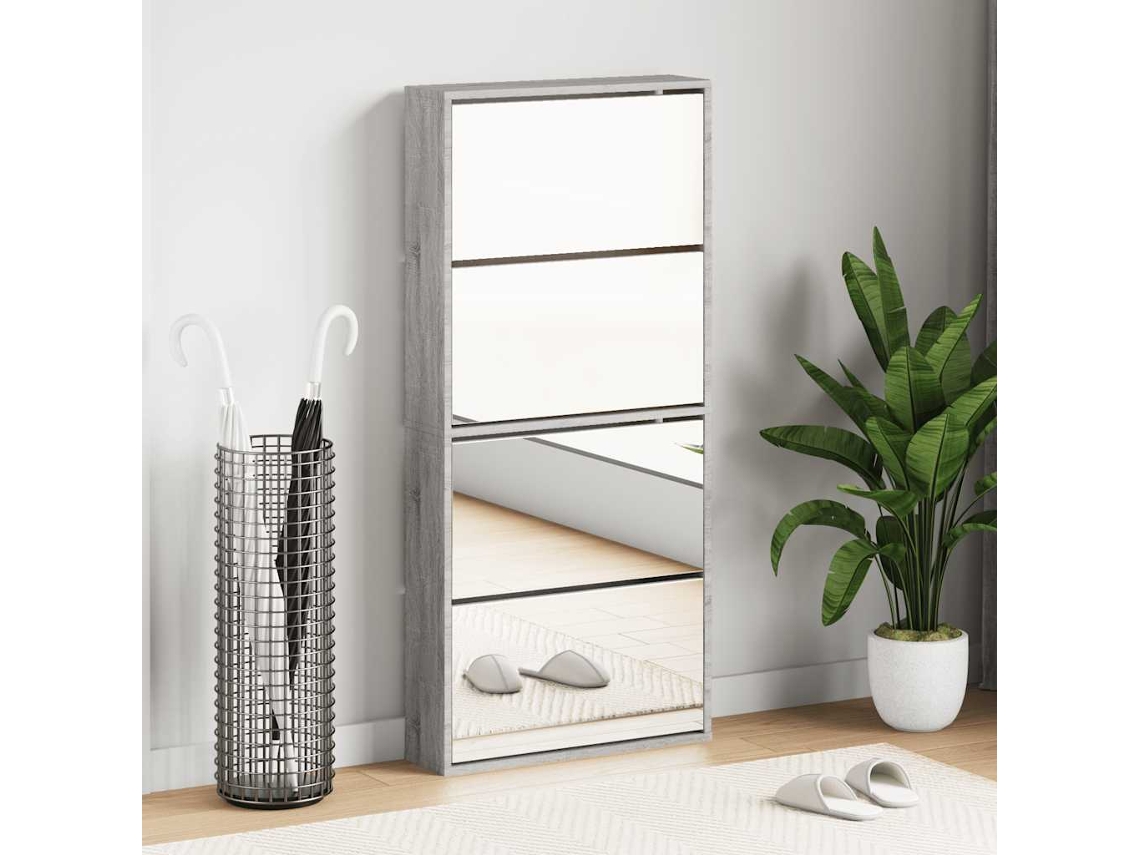 Mueble Zapatero | Armario Zapatero Con Espejo 4 Niveles Gris Sonoma 63x17x134 Cm