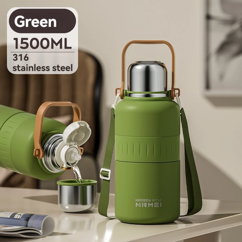 (Verde, 1500 ml) Botella térmica de acero inoxidable con asa y pajita, con aislamiento al vacío, apta para agua fría y caliente.