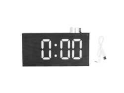 Reloj electrónico digital Baok con LED, termómetro, USB y acabado de imitación madera blanca.