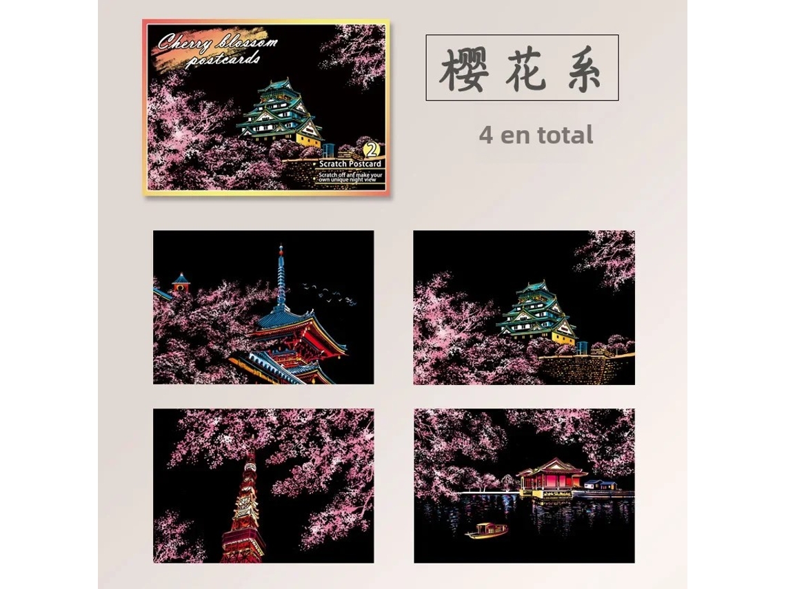 (flor De Cerezo) Juego De 4 Piezas De Pintura Para Rascar Con Escena Nocturna Para Niños, Juguete De Arquitectura Urbana Y Paisaje