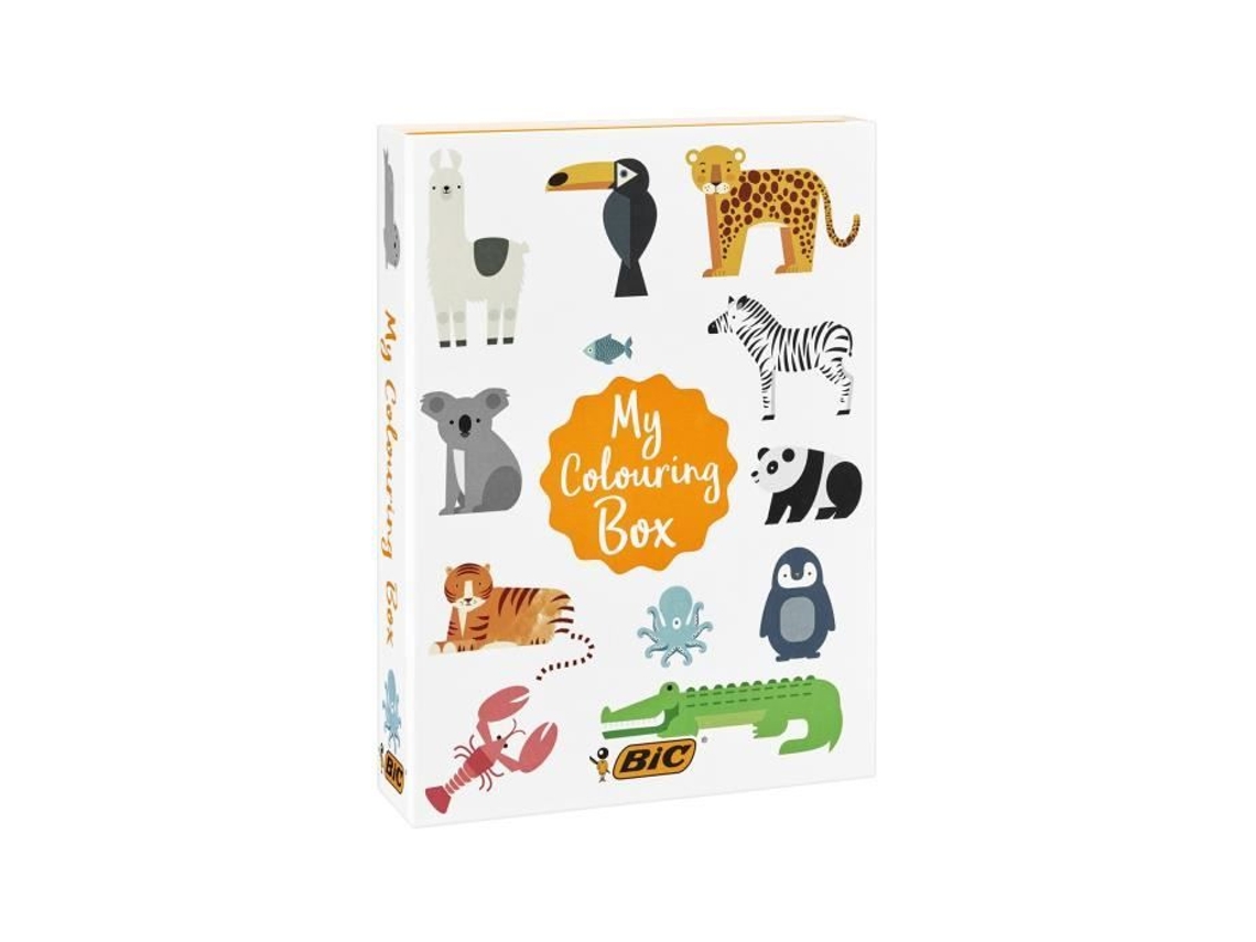 My Coloring Box Kit para colorear con 12 rotuladores/18 lápices de colores/6 colas brillantes, 1 libro para colorear y 36 pegatinas BIC