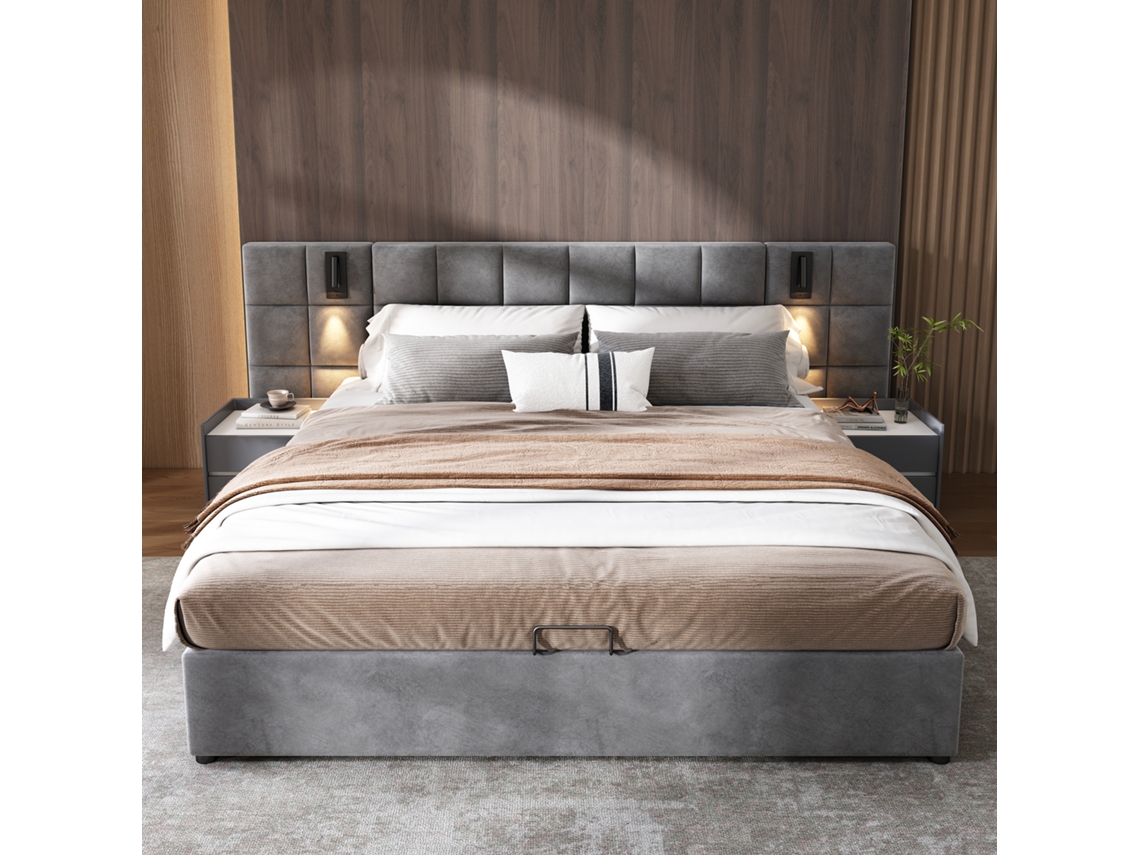 Cama Baúl Acolchada 180x200 Cm En Terciopelo Con Somier De Láminas, Lámpara De Lectura Orientable Y Puerto Usb, Cabecero Ancho, Gris