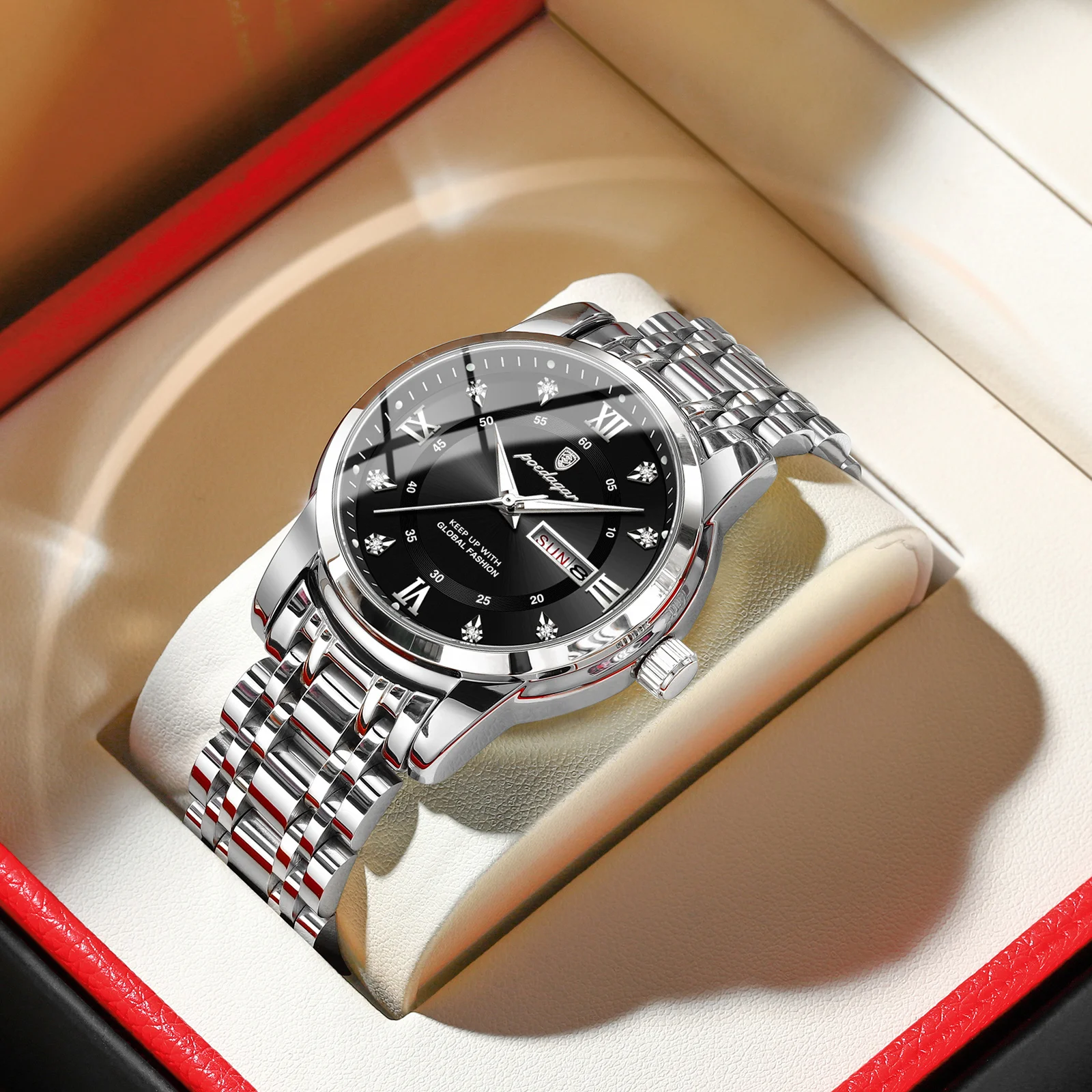 Reloj De Pulsera Para Hombre (caja Plateada, Esfera Negra), Con Indicador De Fecha Y Día, Resistente Al Agua Y Luminoso.