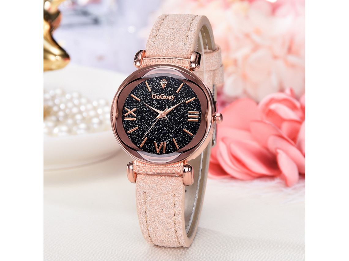 Reloj De Pulsera De Cuarzo Para Mujer Con Esfera De Cielo Estrellado Y Números Romanos, Correa De Pu Beige.