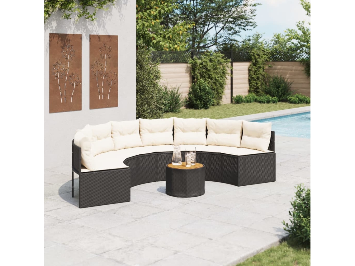 Sofá de jardín con mesa y cojines semicirculares en mimbre negro PE Dkd Home Decor