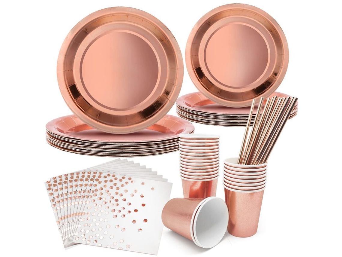 2026da-97 Piezas De Cubiertos Para Fiesta En Oro Rosa, Platos Vasos Servilletas Pajitas Desechables Suministros De Fiesta