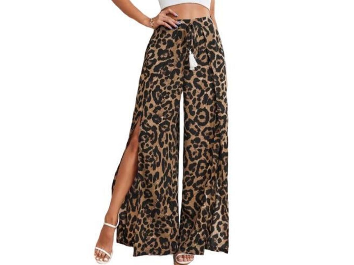 2026-24159-pantalones Anchos Largos Con Estampado Floral Boho, Cintura Elástica Y Cordón De Tiras Xl Pata De Leopardo