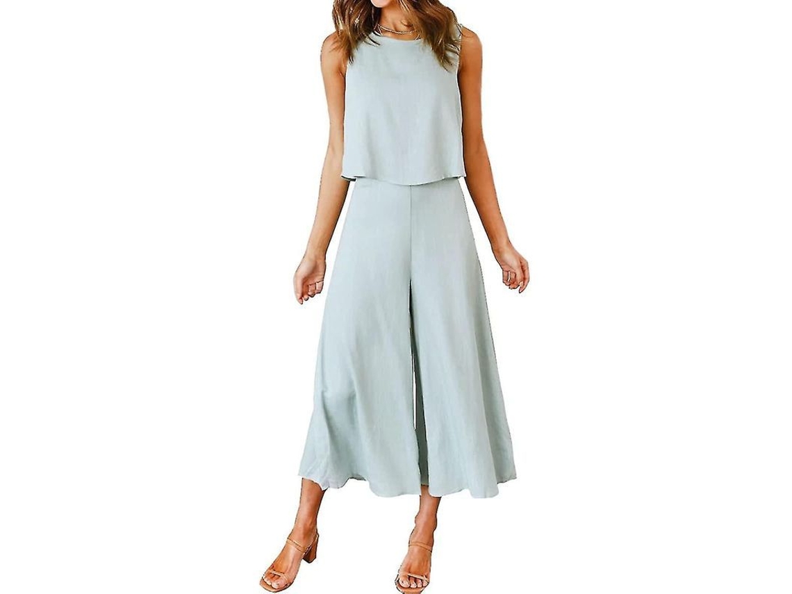2026-conjunto De Verano Para Mujer Roylamp: Blusa Corta Cuello Redondo Y Pantalones Anchos Crop
