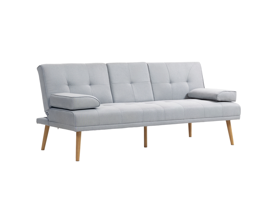 Sofá Cama 3 Plazas Mesa Portavasos Lino Gris Claro