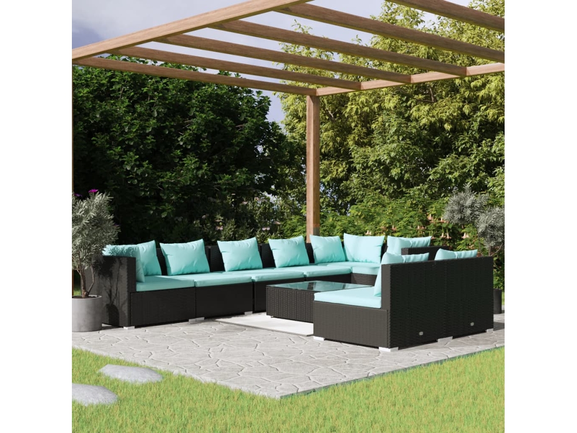Conjunto de jardín de 9 piezas con cojines, mimbre sintético negro, DKD Home Decor