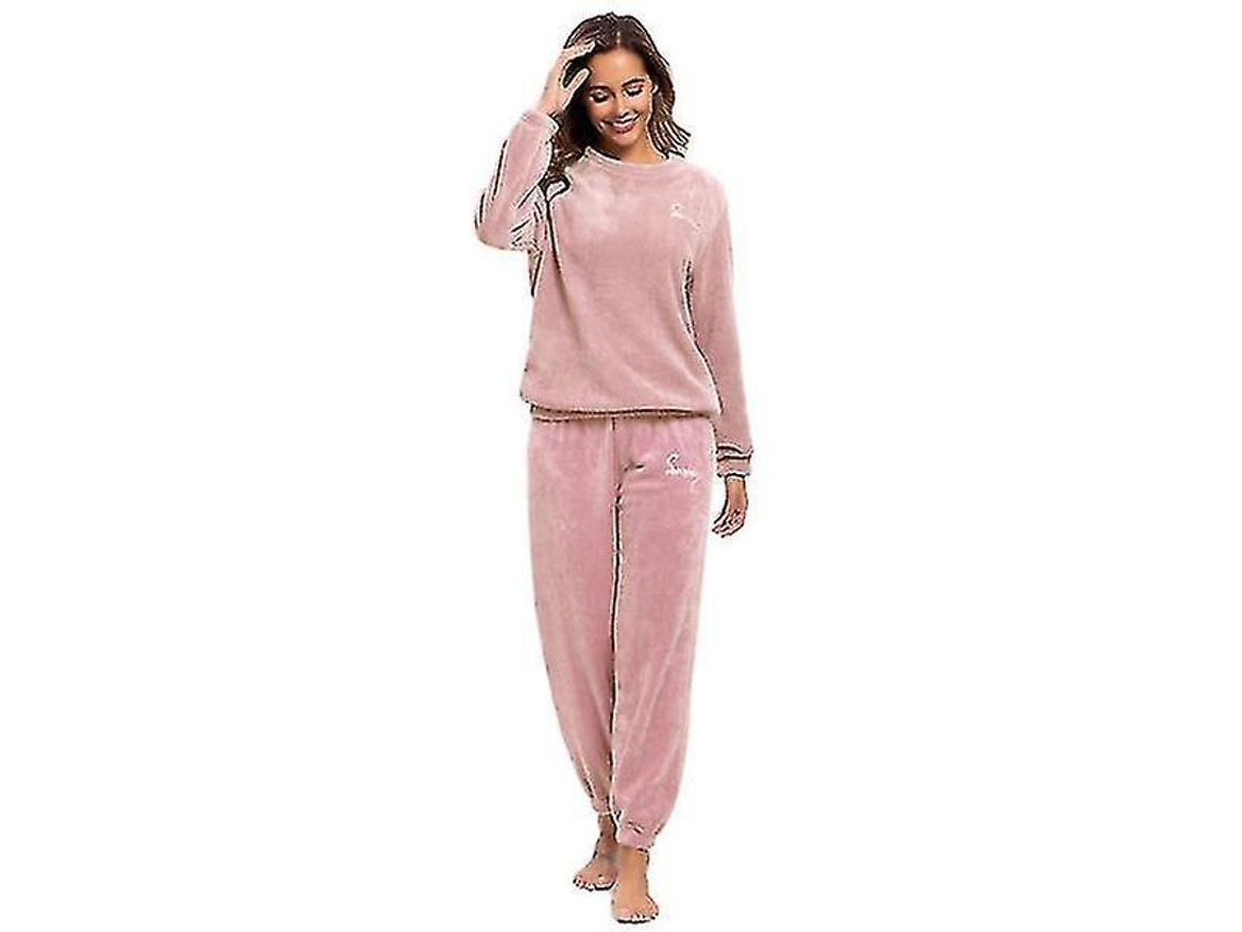 2026-pijama De Invierno Mujer Talla Plus Suave Franela Manga Larga Cuello Redondo Conjunto Top Y Pantalón