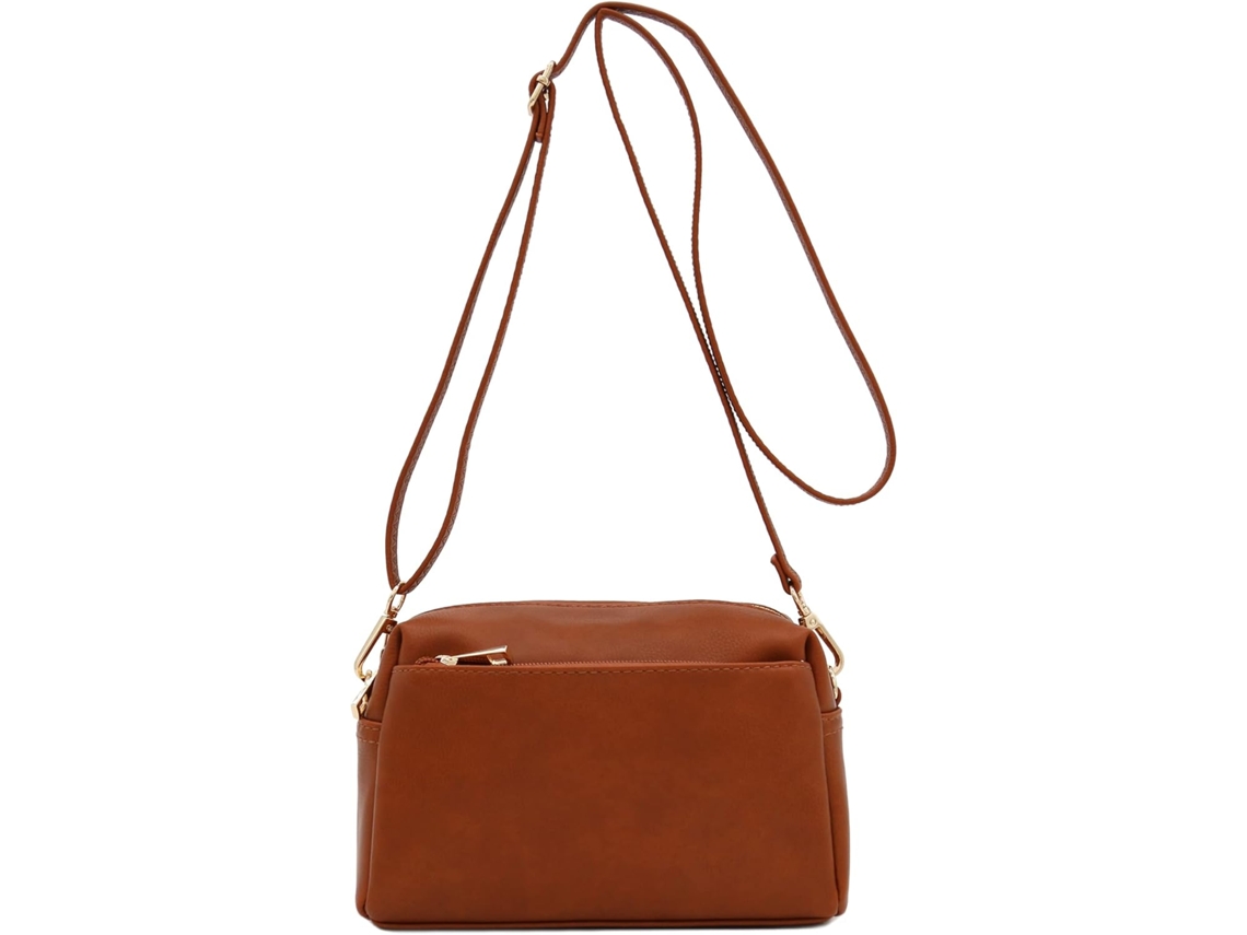 Bolso bandolera pequeño Fashionpuzzle con triple cremallera, color marrón cuero