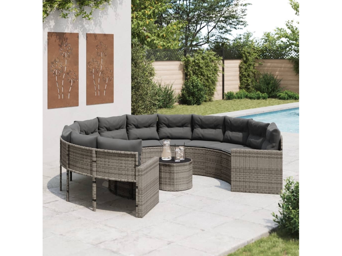 Sofá de jardín con mesa y cojines redondo de mimbre gris PE Dkd Home Decor