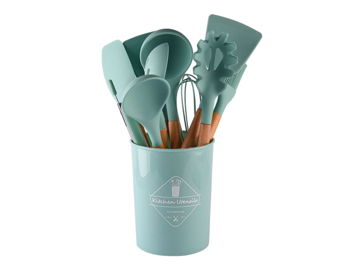 Juego De Utensilios De Cocina De Silicona Con Mango De Madera - Juego De 12 Piezas Verde Oscuro JEIIBRZUI