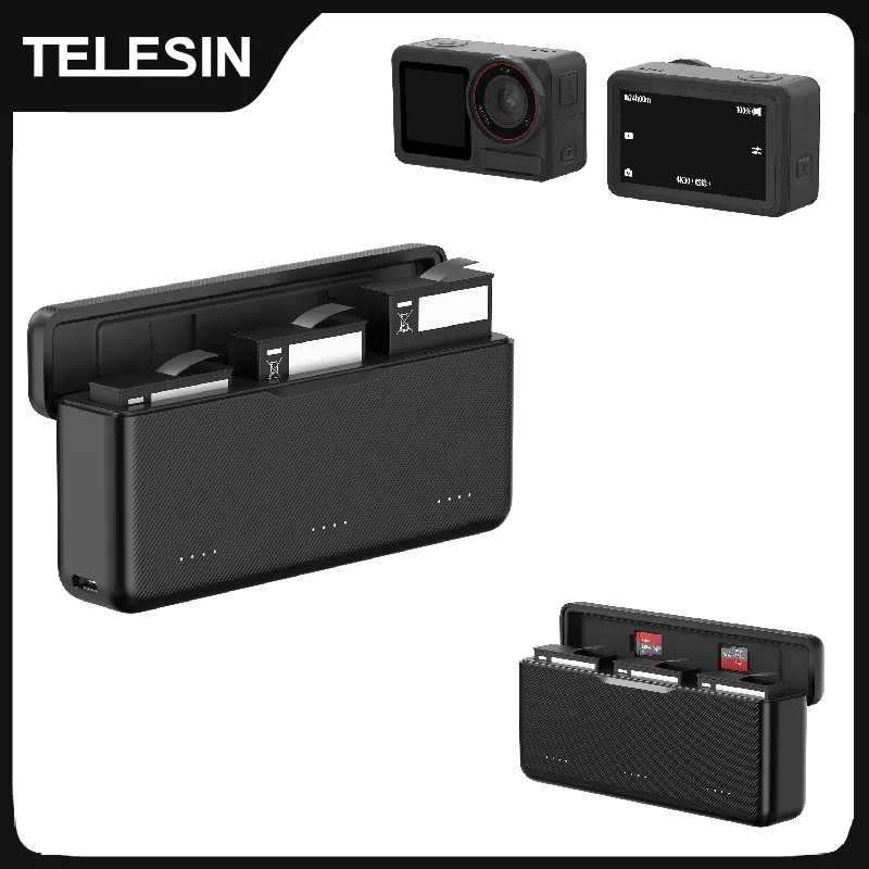 Cargador rápido Telesin PD de 18 W para DJI Action 6, 5, Pro y 360 con 3 ranuras para batería y tarjeta TF.