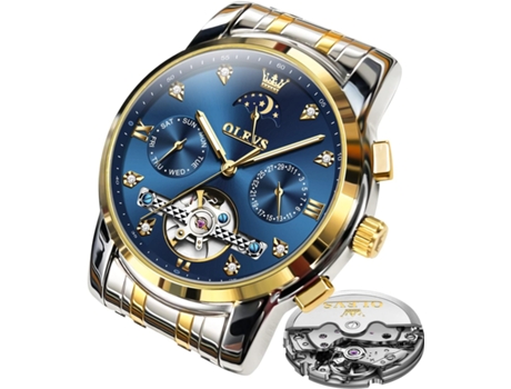VEANXIN Reloj Tourbillon con Diamantes y Fase Lunar Luminoso Resistente al Agua de Acero Inoxidable Hueco automático para Hombres(esfera azul)