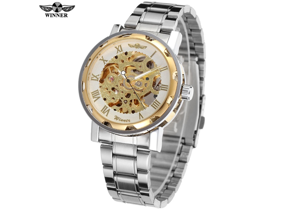 (Estilo 8) Reloj mecánico manual con mecanismo esqueletizado, números romanos y brazalete de acero.