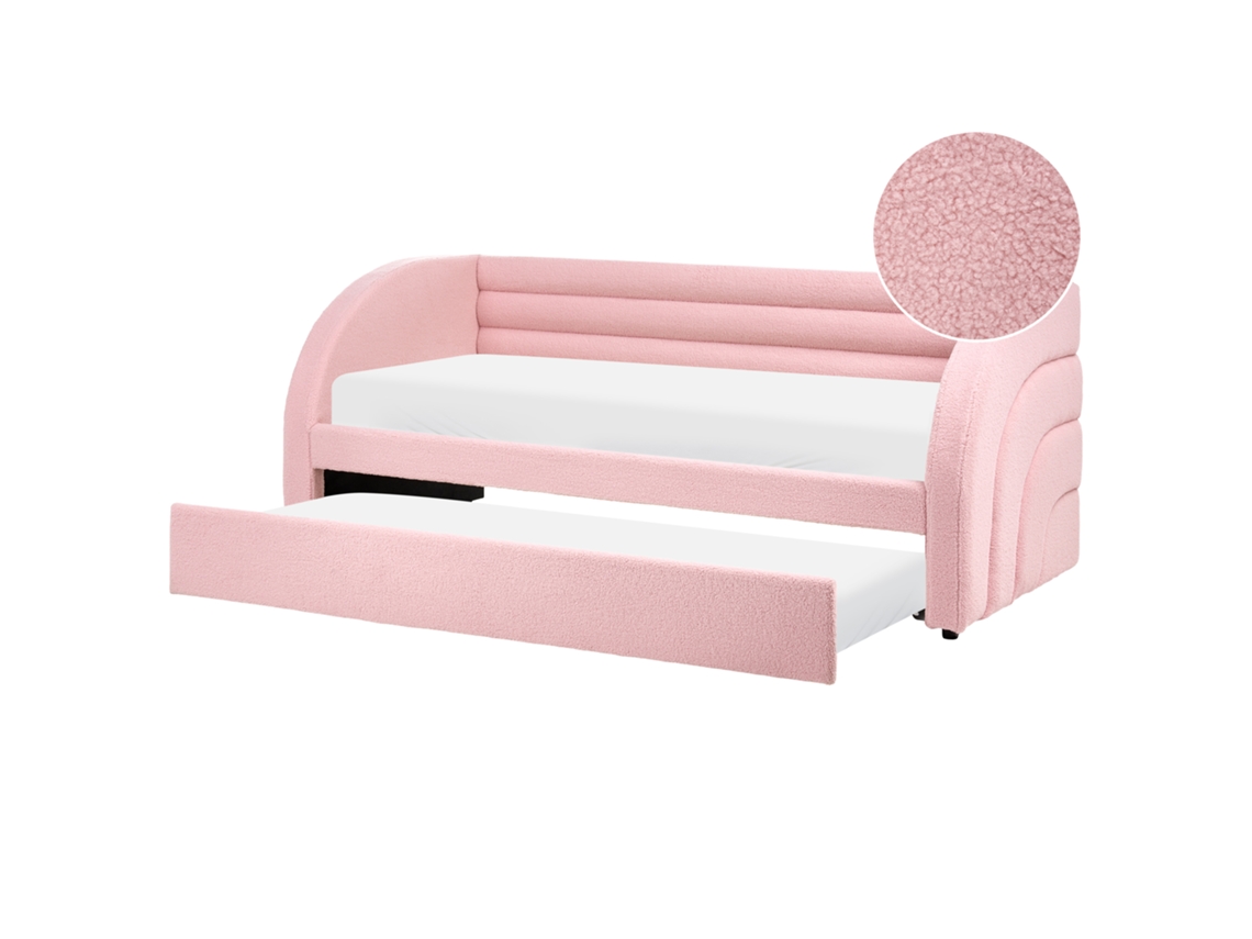Cama Extraível Com Estrutura Estofada Beliani Albiac De Bouclé Rosa 90x200