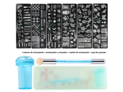 Juego de 9 piezas para decoración de uñas que incluye sellos de silicona, pincel para estampar y polvo para uñas.