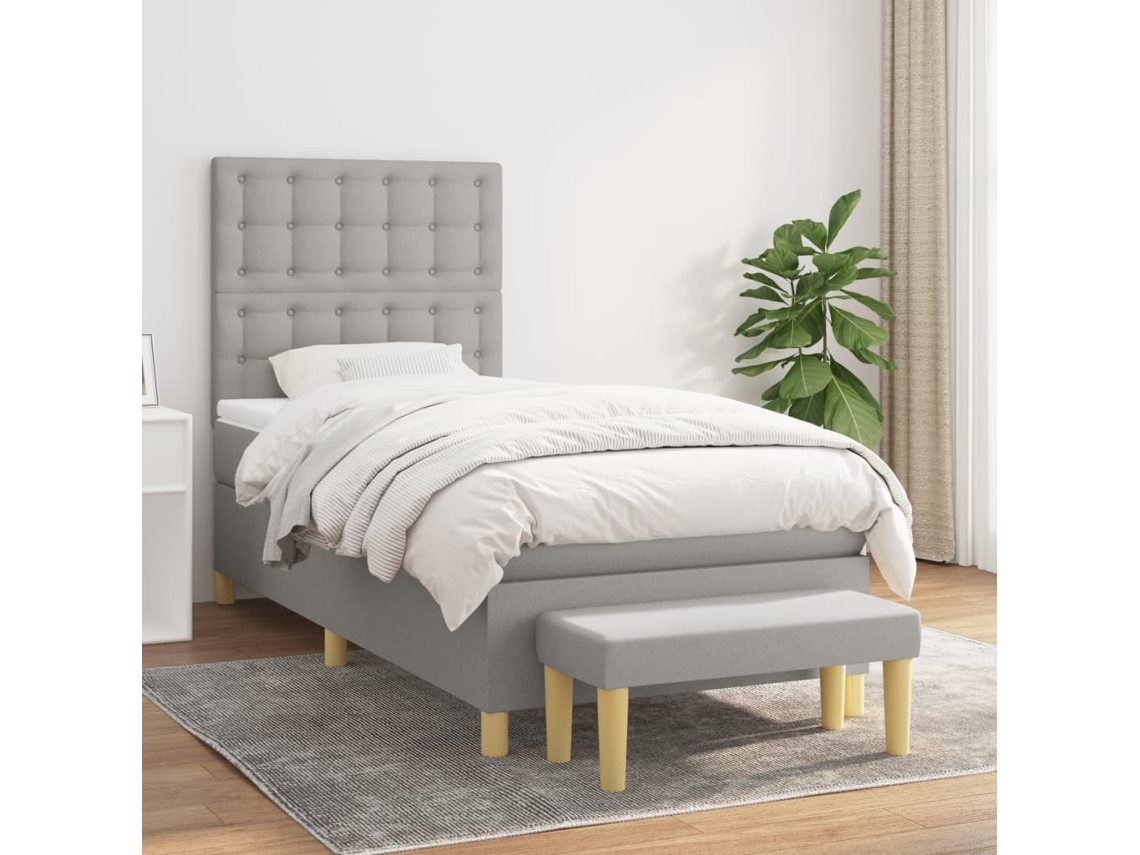 Cama con colchón de muelles y cabecero de tela gris (80x200 cm)