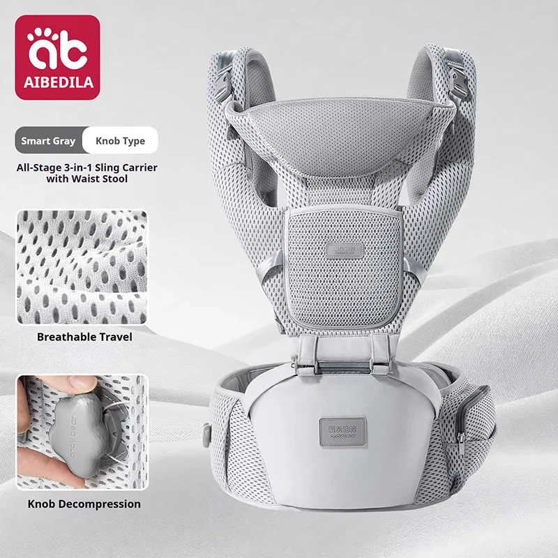(gris Con Perilla) Portabebés Ergonómico Con Perilla Ajustable Y Asiento De Cintura Transpirable