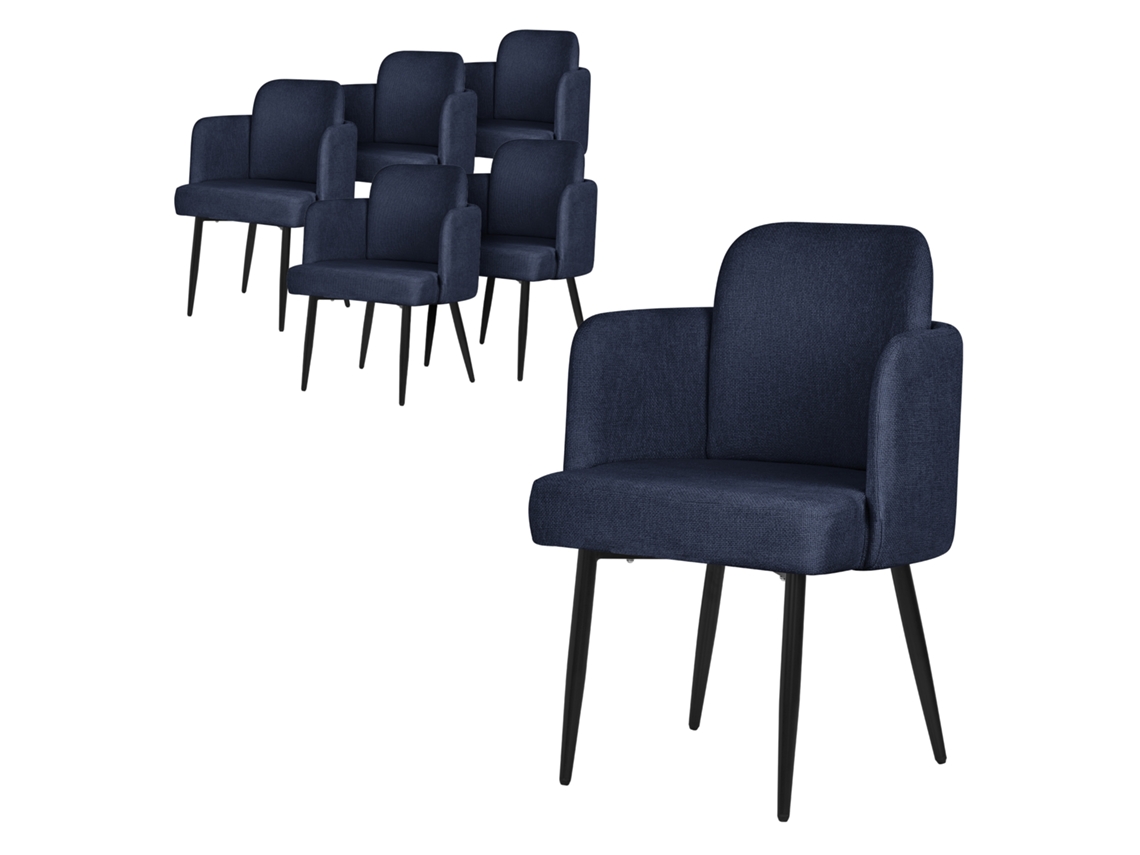 6x Sillas De Comedor Ml-design Funda De Tela Azul Oscuro Respaldo Y Reposabrazos De Ratán