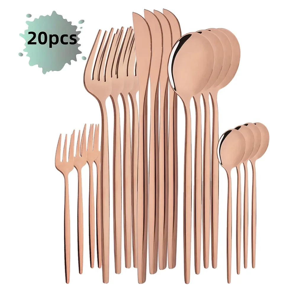 (oro Rosa, Juego De 20 Piezas) Cubiertos De Acero Inoxidable, Pulidos A Espejo, Perfectos Para El Hogar, Restaurantes Y Bodas.