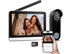 Videoportero inalámbrico HALINUIA con cámara y pantalla táctil de 7 pulgadas y resolución 1080p, conexión wifi, batería, visión nocturna, detección de movimiento PIR y audio bidireccional.