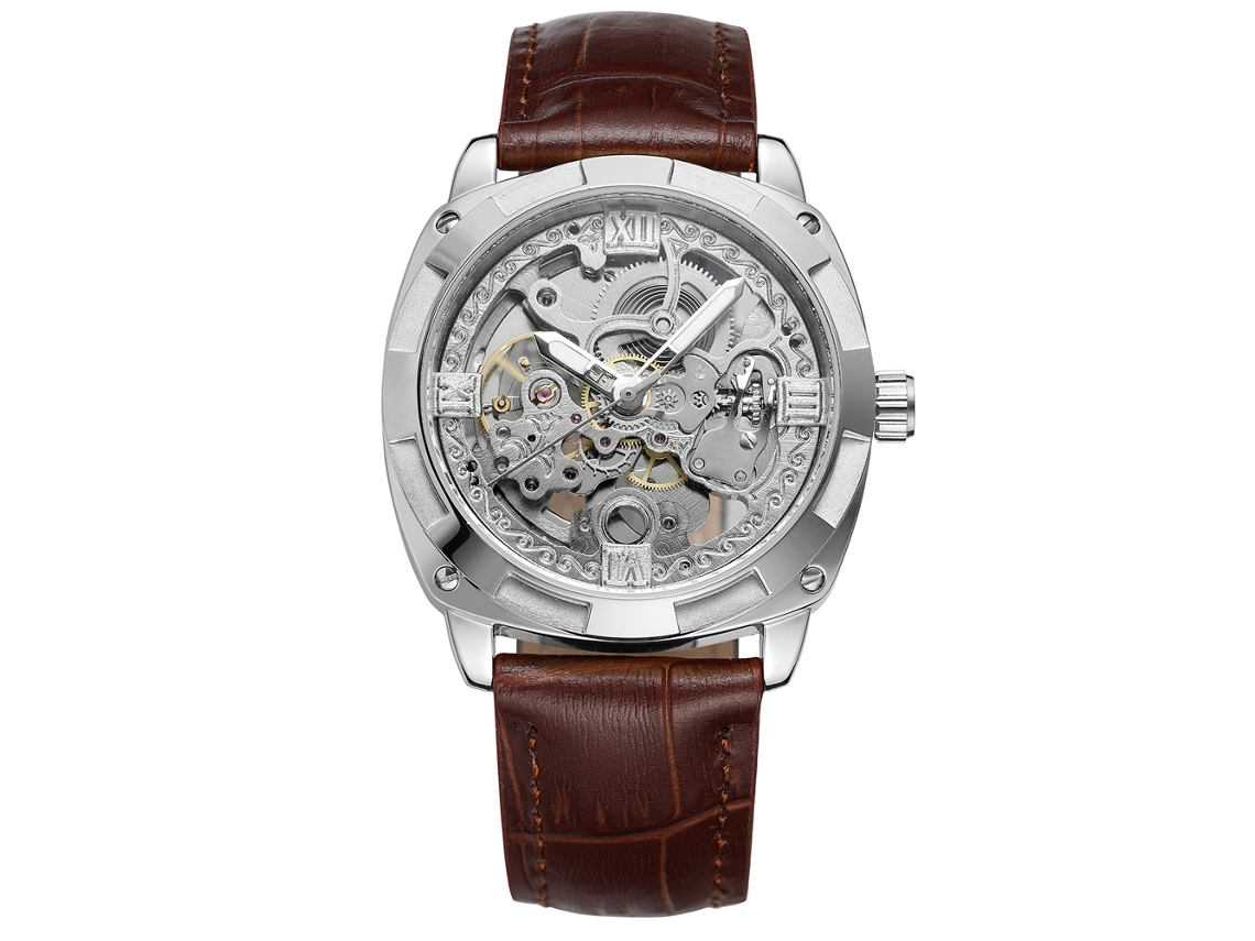 Reloj Mecánico Automático De Moda Para Hombre Con Correa De Cuero Pu (plata Marrón)